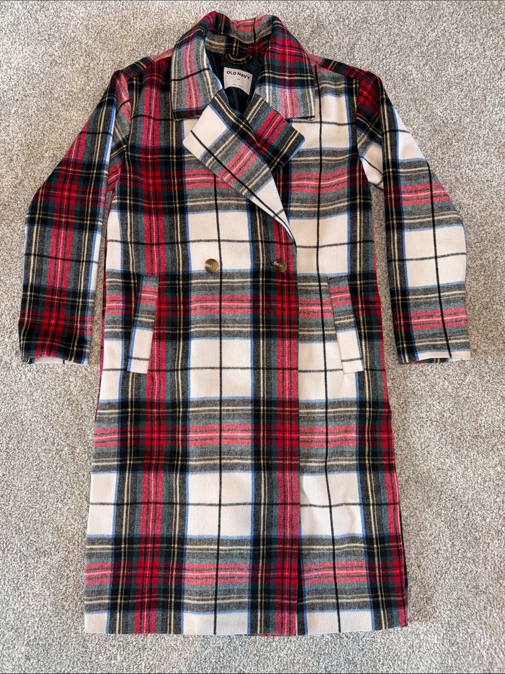 Old Navy Red, Cream & Black Plaid Double-Breasted Trench Coat